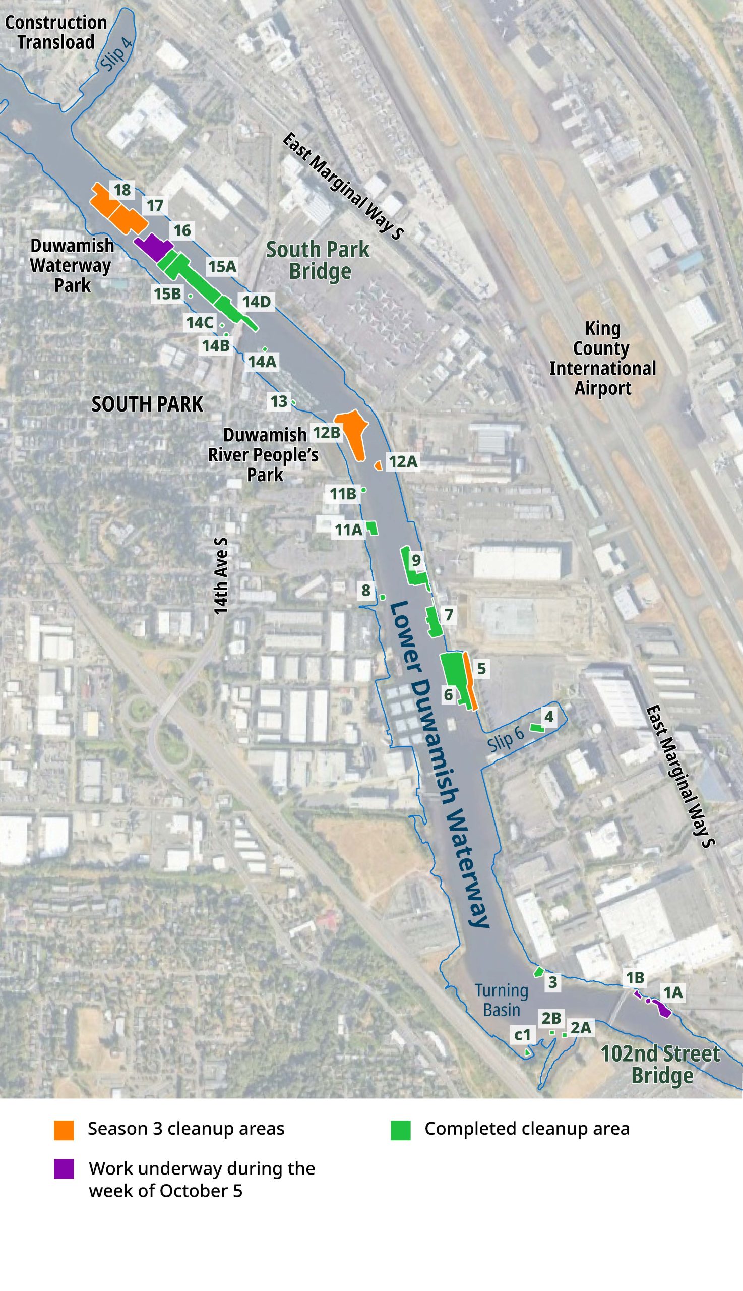 2026_1002_LDWGConstruction_Map-CroppedForWeb Map of Lower Duwamish Waterway Upper Reach Cleanup Areas, showing Season 3 cleanup areas in orange, completed cleanup areas in green, and work underway in purple.